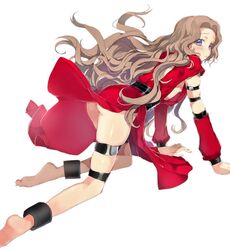  all_fours arm_strap ass barefoot blush breasts brown_hair code_geass detached_sleeves dress female floating_hair hair_intakes highres long_hair long_legs looking_at_viewer looking_back nunnally_vi_britannia purple_eyes red_dress red_sleeves shiny_skin sideboob simple_background sleeveless sleeveless_dress small_breasts solo sumi_otto thigh_strap very_long_hair white_background 