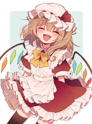  adapted_costume alternate_costume apron ascot blonde_hair blurry blurry_background blush border bow closed_eyes cowboy_shot crystal enmaided female flandre_scarlet frilled_skirt frills hat maid mob_cap open_mouth puffy_short_sleeves puffy_sleeves red_skirt red_vest ribbon shirt short_hair short_sleeves side_ponytail skirt smile solo touhou touya_(konpekitou) vest white_border white_shirt wings 