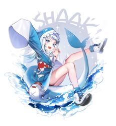  absurdres animal_hood bloop_(gawr_gura) blue_eyes blue_jacket blue_nails female fingernails fins fish_tail full_body gawr_gura gawr_gura_(1st_costume) grey_hair hansum highres hololive hololive_english hood hooded_jacket jacket legs long_sleeves looking_at_viewer multicolored_hair nail_polish open_mouth shark_girl shark_hood shark_tail sharp_teeth shoes short_hair sleeves_past_fingers sleeves_past_wrists smile tail teeth two-tone_hair upper_teeth_only virtual_youtuber white_footwear 