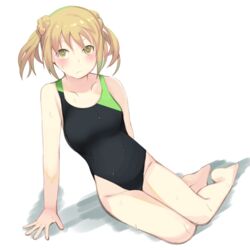  barefoot black_one-piece_swimsuit collarbone commentary_request competition_swimsuit double_bun enoki_p female flat_chest hair_bun highres kantai_collection light_brown_hair looking_at_viewer michishio_(kancolle) one-piece_swimsuit short_hair short_twintails simple_background sitting solo swimsuit twintails wet wet_clothes wet_swimsuit white_background yellow_eyes yokozuwari 