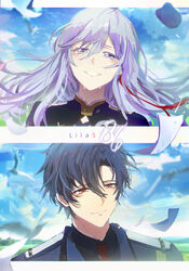  1boy 86_-eightysix- absurdres bird black_hair black_jacket blue_eyes blue_hair blue_jacket blush commentary confetti crying english_commentary female hair_between_eyes half-closed_eyes highres jacket military military_uniform multicolored_hair niarss red_eyes red_hair shinei_nouzen smile song_name straight streaked_hair twitter_username uniform vladilena_millize 