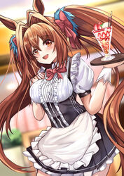  :d alternate_costume animal_ears antenna_hair blurry blurry_background blush bow bowtie brown_hair commentary_request cowboy_shot daiwa_scarlet_(umamusume) enmaided female hair_intakes highres horse_ears horse_girl indoors long_hair looking_at_viewer maid red_eyes setu_(shining12) smile solo strawberry_parfait tray twintails umamusume very_long_hair 