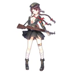  armband beret black_footwear black_skirt boots braid breasts brown_hair cleavage collarbone colored_shoe_soles female footwear_ornament full_body girls&#039;_frontline green_hat green_jacket gun hat hat_ornament holding holding_weapon jacket kan_(rainconan) large_breasts leg_wrap long_hair long_sleeves looking_at_viewer loose_bandages loose_neckerchief military military_uniform neckerchief official_art one_eye_closed open_clothes open_jacket open_shirt parted_lips purple_eyes red_armband red_neckerchief rifle salute shirt simple_background skirt sks solo standing star_(symbol) star_hat_ornament thigh_strap third-party_source torn_clothes torn_jacket torn_skirt transparent_background twin_braids type_56_carbine_(girls&#039;_frontline) uniform weapon white_shirt 