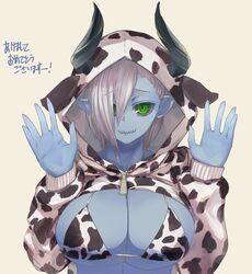  2021 animal_ears animal_print bikini black_horns black_sclera blue_skin chinese_zodiac colored_sclera colored_skin cow_print demon_girl demon_horns fake_animal_ears female green_eyes hair_over_one_eye highres hood hoodie horns horns_through_headwear irasrgsmk musuko_ga_kawaikute_shikatanai_mazoku_no_hahaoya print_bikini protected_link sharp_teeth short_hair solo swimsuit teeth teresa_(mazohaha) white_background year_of_the_ox zipper 