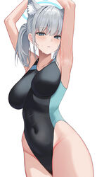  animal_ear_fluff animal_ears armpits arms_up berna_forte black_one-piece_swimsuit blue_archive blue_halo breasts commentary_request competition_swimsuit covered_navel cowboy_shot extra_ears female grey_eyes grey_hair halo highleg highleg_swimsuit highres large_breasts long_hair looking_at_viewer official_alternate_costume one-piece_swimsuit parted_lips ponytail presenting_armpit shiroko_(blue_archive) shiroko_(swimsuit)_(blue_archive) short_ponytail simple_background smelly_armpits solo steaming_body sweat swimsuit white_background wolf_ears 