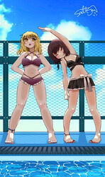  2girls anklet barefoot bikini black_bikini blonde_hair bow breasts brown_hair day fence frilled_bikini frills jewelry maribel_hearn medium_breasts microskirt multiple_girls nail_polish navel no_headwear outdoors pool purple_bikini salt_(seasoning) short_hair skirt stretching swimsuit toenail_polish toenails touhou usami_renko water white_bow 