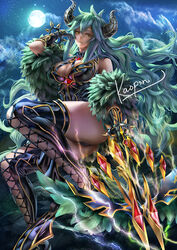  armor bare_shoulders bow_(weapon) breasts cleavage closed_mouth electricity feathers female full_moon greaves green_hair groza_(shironeko_project) hair_between_eyes holding holding_bow_(weapon) holding_weapon horns kaopon lace-trimmed_legwear lace_trim large_breasts long_hair looking_at_viewer moon night shironeko_project smile solo thighhighs very_long_hair wavy_hair weapon yellow_eyes 