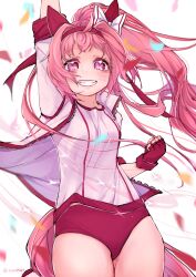  absurdres animal_ears bandaid bandaid_on_leg beiqi_coconut bow bulma_briefs buruma ear_bow ear_covers female flower-shaped_pupils flower_in_eye gloves haru_urara_(bestest_prize)_(umamusume) haru_urara_(umamusume) headband highres horse_ears horse_girl horse_tail pink_buruma pink_headband red_buruma red_gloves red_headband socks striped_clothes striped_socks symbol-shaped_pupils symbol_in_eye tail umamusume 