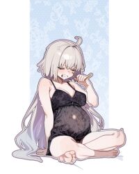  absurdres ahoge anger_vein ass barefoot black_nightgown breasts cleavage clenched_teeth closed_eyes covered_navel crossed_legs eyebrows_hidden_by_hair fate/grand_order fate_(series) female full_body highres holding holding_stick jeanne_d&#039;arc_alter_(fate) large_breasts long_hair nightgown open_mouth outie_navel pregnant rehu_(astd5787) soles solo stick teeth toes very_long_hair white_hair 