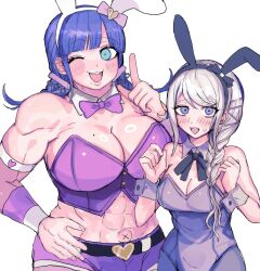 2girls a785766 abs animal_ears arm_strap black_bow black_hairband black_ribbon blue_eyes blush bow bow_hairband bowtie braid breasts collar commentary corset detached_collar fake_animal_ears grey_hair grey_leotard grey_pantyhose hair_ornament hairband hairpin hand_on_own_hip heart heart_print highres kirifuji_nozomi large_breasts leotard long_hair medium_breasts mojiro_moko multiple_girls multiple_hairpins muscular muscular_female neck_ribbon one_eye_closed open_mouth outie_navel pantyhose pink_bow pink_bowtie pink_shorts playboy_bunny purple_eyes purple_hair rabbit_ears ribbon shorts simple_background strapless sweat teeth the_hundred_line_-last_defense_academy- twin_braids upper_teeth_only white_background white_collar wrist_cuffs 