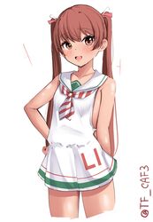  :d bare_arms bare_shoulders blush breasts brown_eyes brown_hair collarbone commentary_request cropped_legs diagonal-striped_clothes diagonal-striped_neckerchief dress female hair_between_eyes hand_on_own_hip highres kantai_collection libeccio_(kancolle) looking_at_viewer sailor_collar sailor_dress simple_background sleeveless sleeveless_dress small_breasts smile solo striped_clothes tan tf_cafe twintails twitter_username white_background white_dress white_sailor_collar 