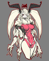  alternate_costume antennae arthropod_girl black_sclera breasts colored_sclera extra_arms female fewer_digits fur_collar gandhi_dead-v hair_over_one_eye highres long_bangs monster_girl moth_antennae moth_girl navel one_eye_covered red_eyes sharp_teeth shina_tsukishiro smile solo teeth virtual_youtuber 