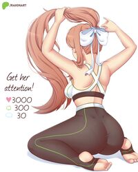  absurdres arms_up artist_name ass bare_arms bare_shoulders black_leggings bow breasts commentary crop_top dimples_of_venus doki_doki_literature_club english_commentary english_text feet female from_behind full_body hairbow highres holding holding_own_hair large_breasts leggings like_and_retweet monika_(doki_doki_literature_club) patreon_logo ponytail raion_(raionart) shoulder_blades simple_background sitting soles solo stirrup_legwear toeless_legwear toes tying_hair white_background white_bow 