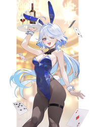  absurdres alternate_costume animal_ears arm_up black_collar black_pantyhose blue_eyes blue_leotard blurry blurry_background bottle breasts chungla collar cowboy_shot cowlick cup detached_collar drinking_glass drop-shaped_pupils fake_animal_ears female floating_card furina_(genshin_impact) genshin_impact hand_up heterochromia highleg highleg_leotard highres holding holding_tray leotard long_hair medium_breasts open_mouth pantyhose pillarboxed playboy_bunny rabbit_ears rabbit_tail side-tie_leotard solo strapless strapless_leotard symbol-shaped_pupils tail thigh_strap tray wavy_hair wine_bottle wine_glass wrist_cuffs 