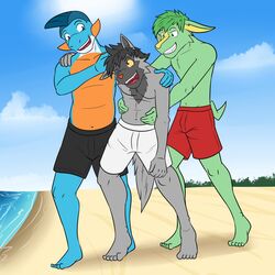  anthro anthrofied beach clothed clothing electrike fuze gao_(fuze) generation_3_pokemon group hi_res jolt_(fuze) male marshtomp navel nintendo pawl_(fuze) pokemon pokemon_(species) pokemorph poochyena shoulder_grab swimming_trunks swimwear topless trio waist_grab 