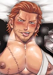  1boy bandages bara bare_pectorals blush chun_(luxtan) facial_hair fairy_tail gildarts_clive heavy_breathing highres large_pectorals looking_at_viewer male_focus muscular muscular_male nipples on_bed pectorals portrait red_hair scar scar_on_chest solo stubble sweat tongue tongue_out 