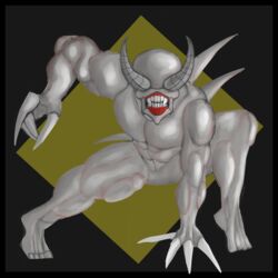  1:1 2023 2_horns 4_fingers 4_toes abs back_spikes bald black_border border claws colored eyeless fangs fear_and_hunger featureless_crotch feet finger_claws fingers glistening glistening_body grey_background hand_on_ground hi_res horn humanoid kneeling lipless looking_at_viewer male monster monstrous_humanoid muscular muscular_humanoid muscular_male night_lurch nude pale_skin pointy_chin pose shaded simple_background solo spikes spikes_(anatomy) square tan_horn tan_spikes teeth toes vicious_fiend white_claws 