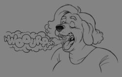  2022 anthro burp_cloud burp_fetish burping canid canine canis charmaine_(silverscarf) closed_eyes domestic_dog female greyscale mammal mature_anthro mature_female monochrome mouth_shot open_mouth silverscarf solo swinging_uvula tongue uvula 