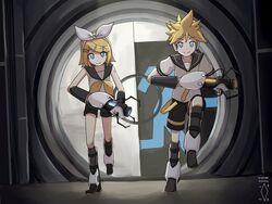  1boy aperture_science_handheld_portal_device artist_logo artist_name bass_clef black_sailor_collar black_shorts black_sleeves blonde_hair blue_eyes bow commentary crossover dated detached_sleeves digiral english_commentary female hairbow headphones highres holding kagamine_len kagamine_rin leg_up long_fall_boots medium_hair neckerchief necktie number_tattoo portal_(series) running sailor_collar shirt short_sleeves shorts shoulder_tattoo siblings sleeveless sleeveless_shirt tattoo treble_clef vocaloid white_bow white_shirt yellow_neckerchief yellow_necktie 