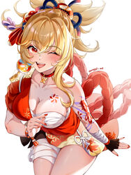  ;d absurdres arm_tattoo artist_name bandaged_arm bandages black_gloves blonde_hair bracelet breasts butterfly_choker chest_sarashi chest_tattoo choker cleavage commentary cowboy_shot english_commentary female fingerless_gloves flower_tattoo genshin_impact gloves hadanugi_dousa hair_between_eyes hair_ornament hamonji hand_up highres japanese_clothes jewelry kimono large_breasts long_hair looking_at_viewer nail_polish obi one_eye_closed orange_eyes orb ponytail red_choker red_kimono red_nails red_rope rope sarashi sash simple_background single_bare_shoulder single_glove smile solo tattoo teeth thighs upper_teeth_only white_background yoimiya_(genshin_impact) 