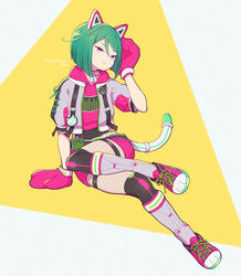  animal_ears animal_hands arm_support cat_ears cat_tail closed_mouth cropped_hoodie cropped_shirt fake_animal_ears female fishnet_pantyhose fishnets full_body gloves green_hair grey_jacket hand_up hood hood_down hoodie invisible_chair jacket kiratto_pri_chan lock looking_at_viewer midorikawa_sara pantyhose paw_gloves paw_print pink_eyes pink_footwear pink_hoodie pink_shorts power_symbol pretty_series shoes short_hair short_sleeves shorts sitting smile sneakers solo tail terayamaden 