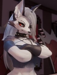  3:4 3d_(artwork) absurd_res angry anthro arkham_(artist) bared_teeth belly big_breasts blender_(artwork) blurred_background breasts canid canid_demon canine clothing collar crop_top crossed_arms demon digital_media_(artwork) ear_piercing ear_ring female female_anthro fur grey_body grey_fur grey_hair hair hellhound helluva_boss hi_res inside loona_(helluva_boss) mammal midriff mythological_canine mythological_creature mythology piercing red_sclera ring_piercing shirt snarling solo spiked_collar spikes topwear white_belly white_body white_eyes white_fur 