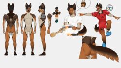  abs absurd_res african_wild_dog aquafuafu ball bottomwear canid canine canis clothing cooking countershading fur hi_res hybrid jackal kyle_(calix7994) mammal model_sheet multicolored_body multicolored_fur red_bottomwear red_clothing red_topwear simple_background soccer_ball sportswear tan_body tan_fur topwear white_background white_body white_clothing white_countershading white_topwear 