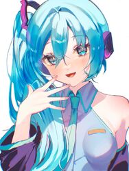  aqua_eyes aqua_hair aqua_necktie aqua_trim bare_shoulders black_sleeves blush breasts collared_shirt commentary derivative_work detached_sleeves female finger_to_cheek finger_to_own_chin grey_shirt hair_between_eyes hair_intakes hair_ornament hair_over_shoulder hand_up hatsune_miku hatsune_miku_(noodle_stopper) head_tilt highres long_hair long_sleeves meme nail_polish necktie open_mouth photo-referenced pink_nails shirt side_ponytail sidetail_miku_noodle_stopper_(meme) simple_background sleeveless sleeveless_shirt small_breasts smile solo tongue usari_05011 vocaloid white_background 