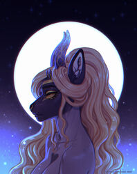  anthro blonde_hair curled_hair feathers female forehead_gem fur gem glowing gold_(metal) gold_jewelry hair hi_res horn hybrid jewelry lashes long_hair portrait purple_body purple_fur road~abelgeym solo yellow_body yellow_eyes yellow_feathers 