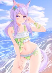  animal_ears beach blue_sky breasts cloud cloudy_sky commentary_request cowboy_shot ear_ornament female horse_ears horse_girl horse_tail jewelry long_hair looking_at_viewer medium_breasts mejiro_mcqueen_(ripple_fairlady)_(umamusume) mejiro_mcqueen_(umamusume) navel necklace ocean official_alternate_costume outdoors philo_324 purple_eyes purple_hair scrunchie seashell_bracelet sky solo stomach tail thighs umamusume water wrist_scrunchie 