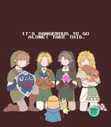  4boys apple blonde_hair bombchu brown_hair chibi cloak female food fruit glass_bottle gourd green_tunic highres holding holding_shield in-franchise_crossover link mage_staff meat multiple_boys multiple_persona pointy_ears princess_zelda seusojeldaleul-wihaejug-eum shield staff the_legend_of_zelda the_legend_of_zelda:_echoes_of_wisdom the_legend_of_zelda:_ocarina_of_time the_legend_of_zelda:_skyward_sword the_legend_of_zelda:_tears_of_the_kingdom the_legend_of_zelda:_twilight_princess tri_(zelda) tri_rod zonai_device 