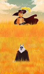  absurd_res anthro belt canid canine canis cape clothed clothing cloud death_(puss_in_boots) domestic_cat dreamworks duo english_text facial_markings felid feline felis field fluffy fur grass green_eyes hate head_markings hi_res interspecies male male/male mammal markings mask_(marking) meadow orange_body orange_fur outside plant poncho puss_in_boots_(character) puss_in_boots_(dreamworks) red_eyes rowanrowlandridley sky smile standing tabby_cat text whiskers white_body white_fur wolf 