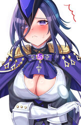  @_@ ascot blue_hair blush breasts cleavage clorinde_(genshin_impact) closed_mouth female flying_button frown genshin_impact gloves hair_over_one_eye hat highres large_breasts mikoto_(0709mikoto) purple_ascot purple_eyes purple_hair simple_background solo sweatdrop tricorne upper_body white_background white_gloves 