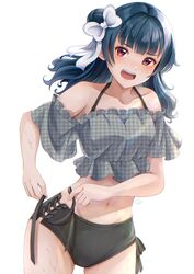  bikini black_bikini black_hair blunt_bangs collarbone female frilled_shirt frills gingham_shirt grey_shirt hair_bun hair_ribbon lens_flare long_hair love_live! love_live!_sunshine!! navel oerba_yun_fang open_mouth red_eyes ribbon shirt side-tie_bikini_bottom simple_background sky solo swimsuit teeth tsubasa091748 tsushima_yoshiko upper_teeth_only white_background white_ribbon 