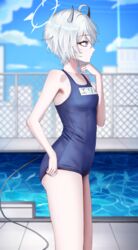  absurdres ahoge alternate_costume blue_archive blue_one-piece_swimsuit blurry blurry_background breasts chain-link_fence collarbone commentary demon_horns demon_tail erika_(blue_archive) female fence from_side grey_hair halo highres horns looking_ahead name_tag old_school_swimsuit one-piece_swimsuit pale_skin polcoco pool profile school_swimsuit short_hair small_breasts solo swimsuit tail 