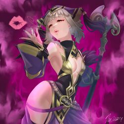  alternate_costume armpits aura bare_shoulders blowing_kiss blunt_bangs breasts cleavage cleavage_cutout clothing_cutout commission cosplay dark_aura detached_sleeves female fire_emblem fire_emblem_heroes grey_hair hat hat_tassel highres holding holding_staff lipstick lipstick_mark loki_(fire_emblem) loki_(fire_emblem)_(cosplay) makeup marth-chan_(micaiah_mrmm) nail_polish official_alternate_hairstyle red_eyes second-party_source short_hair short_hair_with_long_locks sidelocks signature skeb_commission small_breasts staff thigh_cutout thighs transformation veronica_(fire_emblem) veronica_(princess_rising)_(fire_emblem) 