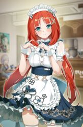  absurdres alternate_costume apron aqua_eyes blue_dress blurry blurry_background breasts commentary cosplay cowboy_shot domodomo0708 dress enmaided faruzan_(cafe)_(genshin_impact) faruzan_(genshin_impact) faruzan_(genshin_impact)_(cosplay) female frilled_apron frilled_dress frilled_sleeves frills genshin_impact hair_ornament hands_up head_tilt heart heart_hands highres indoors kamisato_ayaka kamisato_ayaka_(springbloom_missive) light_blush long_hair looking_at_viewer lumine_(genshin_impact) maid maid_headdress medium_breasts nilou_(genshin_impact) parted_bangs patterned_clothing red_hair smile solo_focus thighs very_long_hair waist_apron white_apron white_sleeve_cuffs x_hair_ornament 