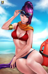  1girls beach bikini bikini_bottom bikini_top female female_only fiora_laurent glasses kyoffie large_breasts league_of_legends pool_party_fiora pool_party_series scarf solo tagme 