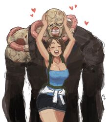  1boy 1girls armpits brown_hair cleavage closed_eyes clothed curvy female heart height_difference highres jill_valentine jill_valentine_(julia_voth) love mariel_cartwright monster muscular_male nemesis_(resident_evil) resident_evil resident_evil_3 short_hair size_difference sketch smile tubetop unexpectedly_good wholesome zombie 