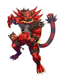  3_toes 5_fingers ambiguous_gender anthro arm_tuft black_body black_fur black_markings cheek_tuft claws duo evolutionary_family facial_tuft fangs feet felid feline feral fingers fire fur generation_7_pokemon green_eyes grey_body grey_fur incineroar inubikko litten male mammal markings nintendo open_mouth pantherine pokemon pokemon_(species) red_body red_eyes red_fur red_markings red_nose sharp_teeth shoulder_tuft simple_background standing tail teeth toe_claws toes tuft white_background yellow_sclera 