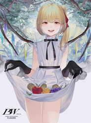  :d alternate_costume apple bad_anatomy bare_shoulders black_gloves black_ribbon blonde_hair character_name cover cowboy_shot crystal day dress female flandre_scarlet food fruit gloves grapes hair_ribbon halftone highres lifting_own_clothes looking_at_viewer neck_ribbon no_headwear one_side_up open_mouth outdoors red_eyes red_ribbon reeh_(yukuri130) ribbon short_hair skirt skirt_basket sleeveless sleeveless_dress smile solo thigh_gap thighs touhou tree white_dress wings 