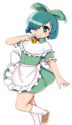  apron aqua_hair bell blush bow closed_mouth commentary_request dress female foot_out_of_frame green_dress green_eyes hair_over_one_eye hairbow highres kneehighs leaning_back medium_hair neck_bell open_hand original orizen outstretched_arm shoes short_sleeves simple_background socks solo tsurime waist_apron white_background white_socks 