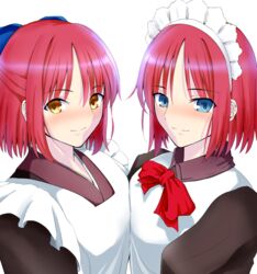  2girls apron bad_id bad_pixiv_id blue_eyes blue_ribbon breast_press breasts brown_dress brown_kimono closed_mouth commentary_request dress eyebrows_hidden_by_hair hair_ribbon half_updo hisui_(tsukihime) japanese_clothes kimono kohaku_(tsukihime) koujiro_(kouziro_1) looking_at_viewer maid maid_apron maid_headdress mixed_maids multiple_girls red_hair ribbon short_hair siblings sisters small_breasts smile tsukihime twins wa_maid white_background yellow_eyes 