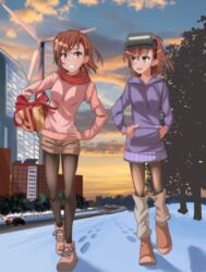  2girls alternate_costume blue_sky blush bow box breasts brown_eyes brown_footwear brown_hair brown_legwear brown_shorts building car carrying christmas cloud cloudy_sky commentary_request dandere_(tetsudan) english_commentary flower flower_ornament full_body gift gift_box gift_wrapping goggles goggles_on_head grey_flower grin hair_between_eyes hair_flower hair_ornament hand_on_own_hip hands_in_pockets highres holding holding_gift light_blush long_sleeves looking_at_another looking_at_viewer medium_hair misaka_imouto misaka_mikoto mixed-language_commentary motor_vehicle multicolored_sky multiple_girls night_vision_device open_mouth outdoors pantyhose pantyhose_under_shorts pink_sweater purple_sweater red_bow red_scarf ribbed_sweater road scarf short_shorts shorts siblings sisters sky small_breasts smile snow sunset sweater toaru_kagaku_no_railgun toaru_majutsu_no_index tree walking wind_turbine winter winter_clothes yellow_sky 