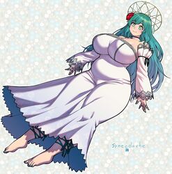  absurdres bare_shoulders barefoot belly breasts choker detached_sleeves dress english_commentary feet female flower full_body green_eyes green_hair hair_flower hair_ornament highres huge_breasts indie_virtual_youtuber koopa_fortuna long_dress long_hair looking_at_viewer nail_polish plump solo strapless strapless_dress synecdoche tight_clothes tight_dress toenail_polish toenails virtual_youtuber white_dress 