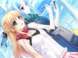  2girls :d alpha_(yukai_na_nakamatachi) arisa_crain_femiluna bag black_ribbon blonde_hair blue_dress blue_eyes blue_hair blue_sky breasts china_dress chinese_clothes cleavage day dress dress_shirt dutch_angle floating_hair game_cg hair_ribbon holding holding_bag holding_pen jewelry long_hair medium_breasts multiple_girls outdoors parted_bangs pen pendant pink_skirt purple_eyes ribbon shirt skirt sky sleeveless sleeveless_shirt smile solaris_enimowa sunlight tied_hair very_long_hair w.l.o_sekai_ren&#039;ai_kikou white_shirt 