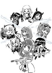  6+girls :3 anti-rain_(girls&#039;_frontline) armband assault_rifle black_hair black_jacket blush_stickers braid chibi chika_(keiin) closed_mouth clothes_around_waist commentary_request dinergate_(girls&#039;_frontline) dollar_sign executioner_(girls&#039;_frontline) eyepatch eyewear_on_head full_body gem girls&#039;_frontline gloves gun hair_between_eyes hair_ornament hair_ribbon headgear highres holding holding_gem holding_gun holding_weapon hunter_(girls&#039;_frontline) jacket jacket_around_waist kalina_(girls&#039;_frontline) long_hair long_sleeves looking_at_viewer m16a1_(girls&#039;_frontline) m4_carbine m4_sopmod_ii_(girls&#039;_frontline) m4_sopmod_ii_jr m4a1_(girls&#039;_frontline) mask mole mole_under_eye money-shaped_pupils monochrome multiple_girls non-humanoid_robot open_mouth red_eyes respirator ribbon rifle robot sangvis_ferri scar scar_across_eye scar_on_face scarecrow_(girls&#039;_frontline) side_ponytail skull_mask smile st_ar-15_(girls&#039;_frontline) sunglasses symbol-shaped_pupils twintails weapon 