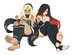  2girls absurdres aqua_eyes armpit_crease artist_logo bad_id bad_twitter_id barefoot black_hair black_pantyhose black_scarf black_shorts blonde_hair blush breasts cleavage clothing_cutout collarbone crossed_legs crow_(gravity_daze) dark-skinned_female dark_skin dirty dirty_feet english_commentary eyelashes feet foot_focus forehead foreshortening gold_trim gravity_daze hair_over_one_eye hairband highres kitten_(gravity_daze) knees_up leg_warmers legs legs_together lululewd medium_breasts multicolored_hair multiple_girls navel_cutout open_mouth pantyhose parted_bangs red_eyes red_hair scarf shadow shirt shorts sidelocks simple_background sitting smile soles stirrup_legwear strapless strapless_shirt teeth thigh_cutout thighs toeless_legwear toenails toes two-tone_hair upper_teeth_only vambraces white_background 