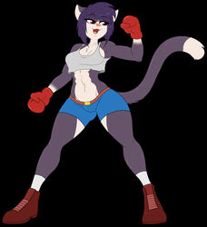  anthro black_background blue_body blue_fur blue_hair bottomwear boxing_gloves breasts clothed clothing dipstick_tail domestic_cat felid feline felis female fur hair handwear hi_res mammal markings midriff multicolored_tail navel open_mouth pink_nose red_eyes sesame_akane shirt shorts simple_background skidd solo tail tail_markings tank_top topwear uberquest 