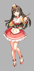  :d bangs brown_eyes brown_hair chinese_new_year dress_shoes female full_body girls&#039;_frontline grey_background hair_between_eyes hair_ornament hairpin hanbok hand_on_own_chest happy_new_year highres k2_(girls&#039;_frontline) korean_clothes lim_jaejin long_hair long_sleeves looking_at_viewer new_year open_mouth outstretched_arm pouch simple_background smile solo 